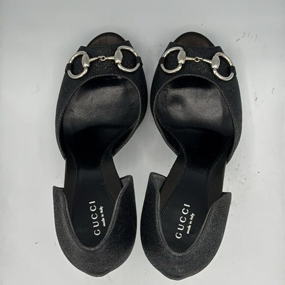 GUCCI Black Glitter Stardust Nappa Charlotte Nero Open Toe Pumps Size 38/ US 8 - Picture 5 of 12